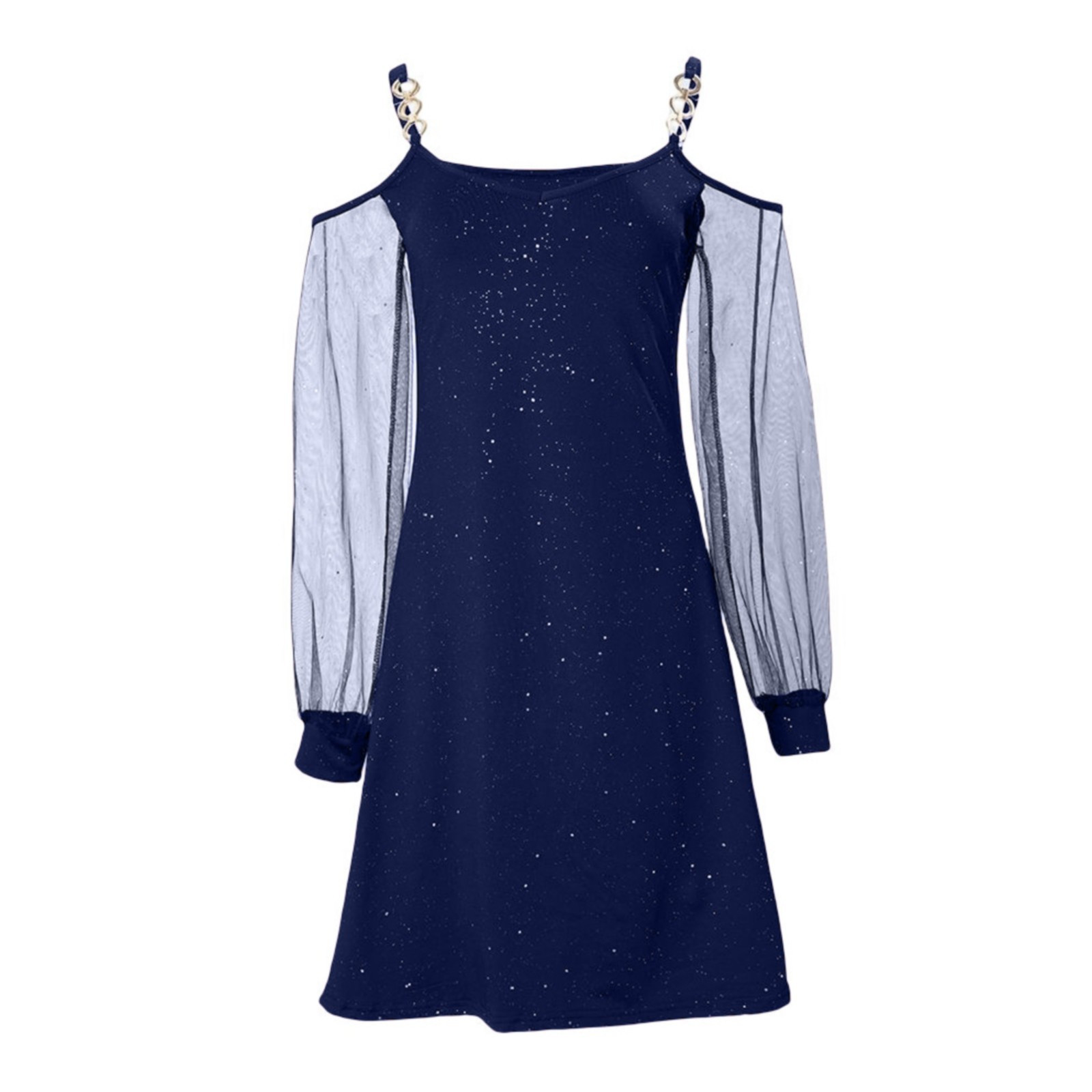 thumbnail image 5 of Vestido de manga larga de malla de color liso para mujer para Navidad: estampado festivo, cuello en V, ropa informal para fiestas, 5 of 5